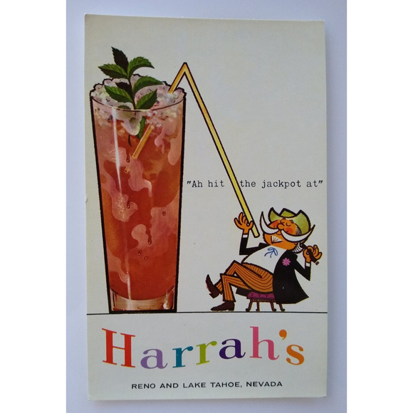 Harrah's Casino Postcard Jackpot Huge Cocktail Glass Reno Lake Tahoe Nevada - Picture 1 of 2